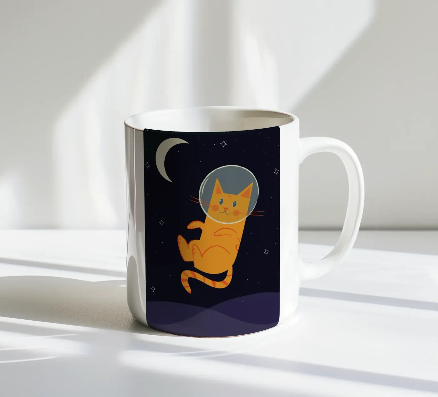 Floating Space Cat ceramic mug by Karin Bijlsma