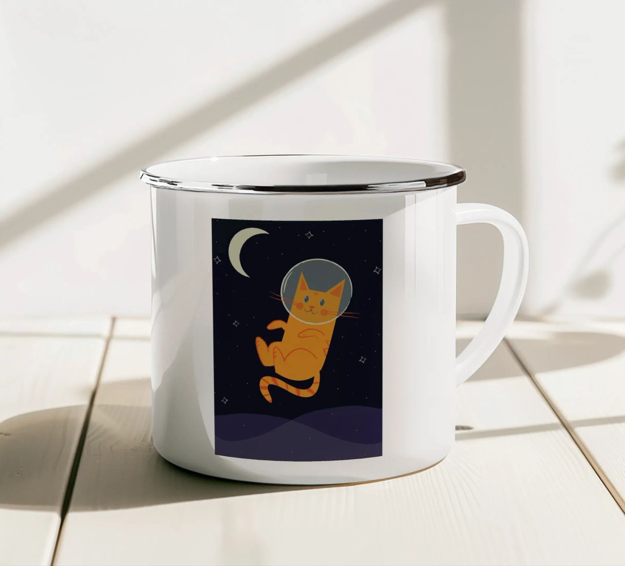 Floating Space Cat tazza in smalto da Karin Bijlsma
