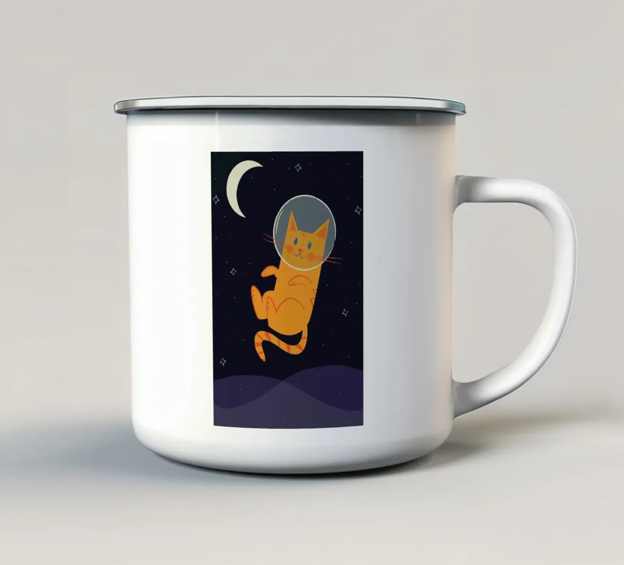 Floating Space Cat emaille mok van Karin Bijlsma