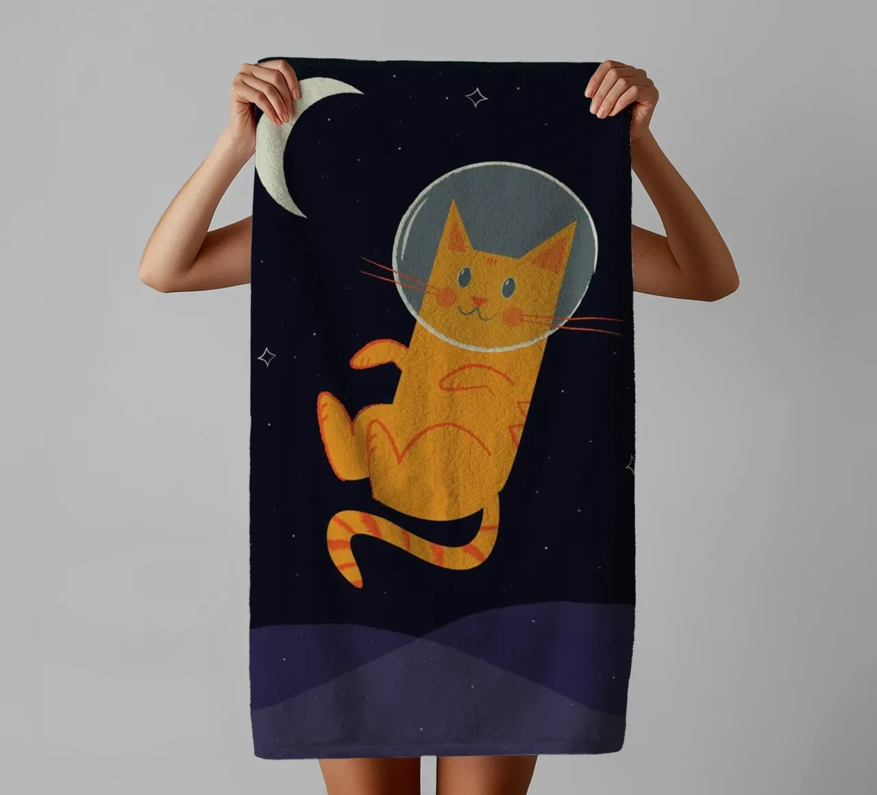 Floating Space Cat towel by Karin Bijlsma