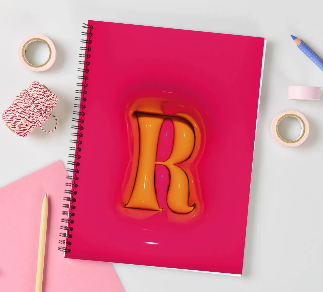 Bubblegum Inflate Initials R Pink spiral notebook by Malou-Studio