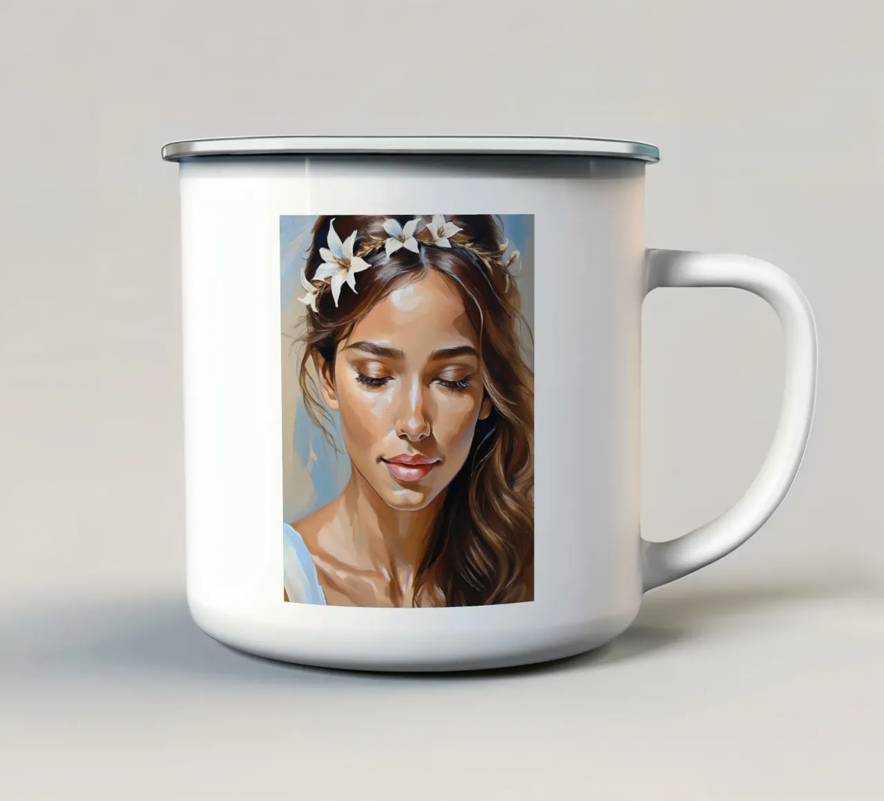 Woman with flower wreath tazza in smalto da Take Your Art BV