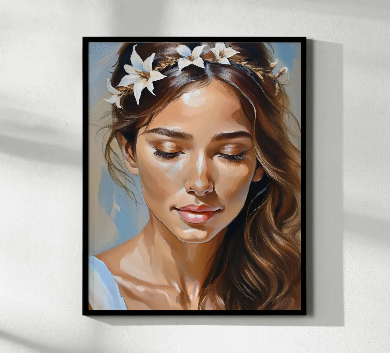 Woman with flower wreath poster with aluminum frame by Take Your Art BV