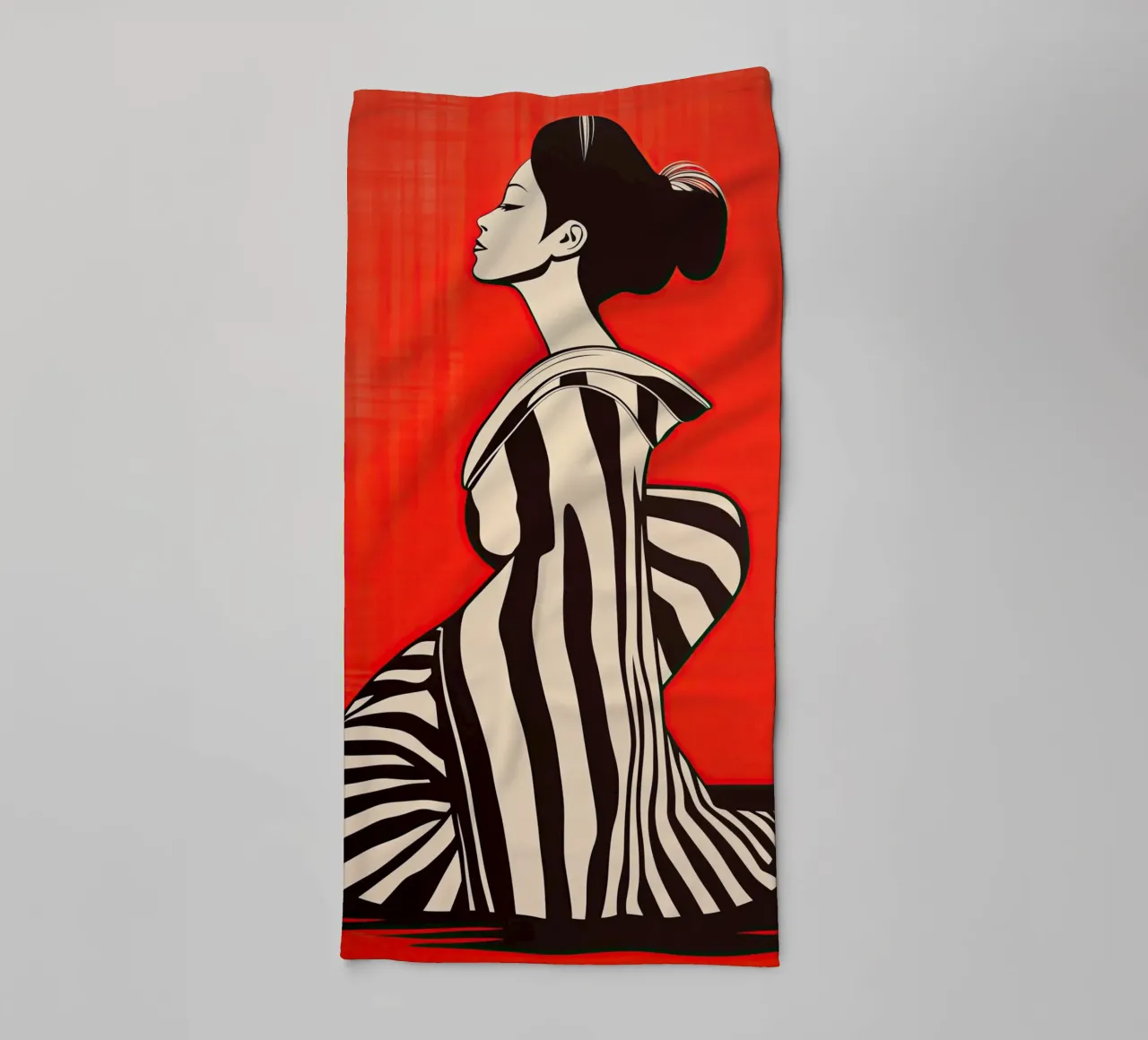 Geisha giapponese rossa e nera con kimono a righe asciugamano da bagno da Autofocus