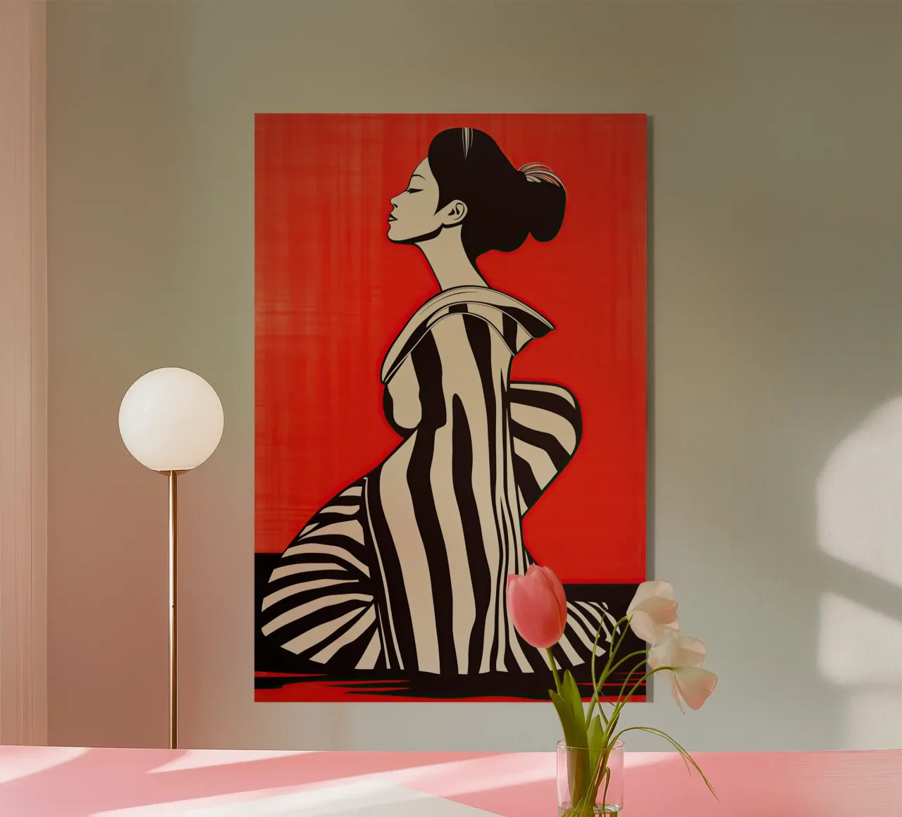Geisha giapponese rossa e nera con kimono a righe plexiglass da Autofocus