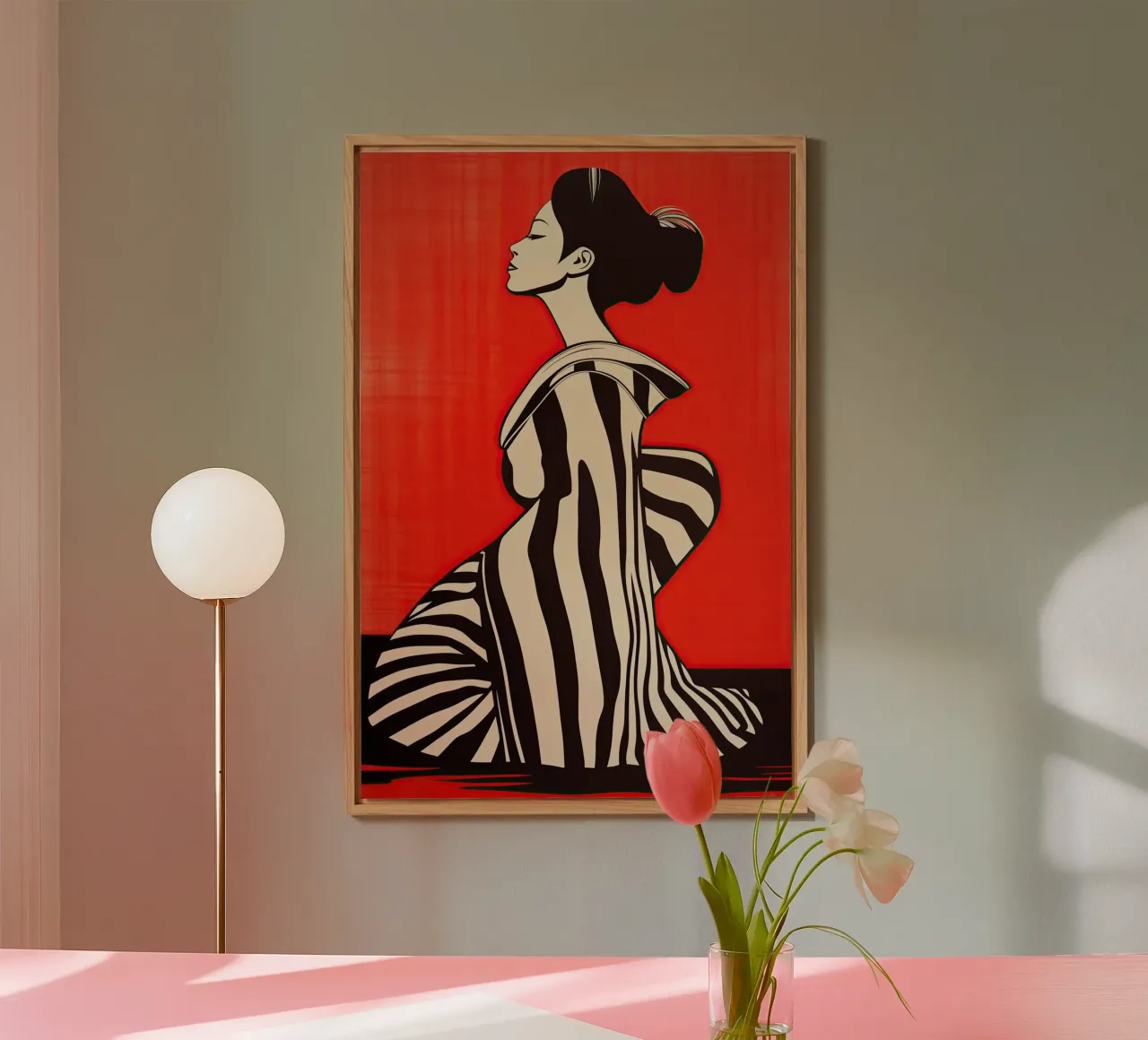 Red and black Japandi geisha in a striped kimono alu-dibond by Autofocus