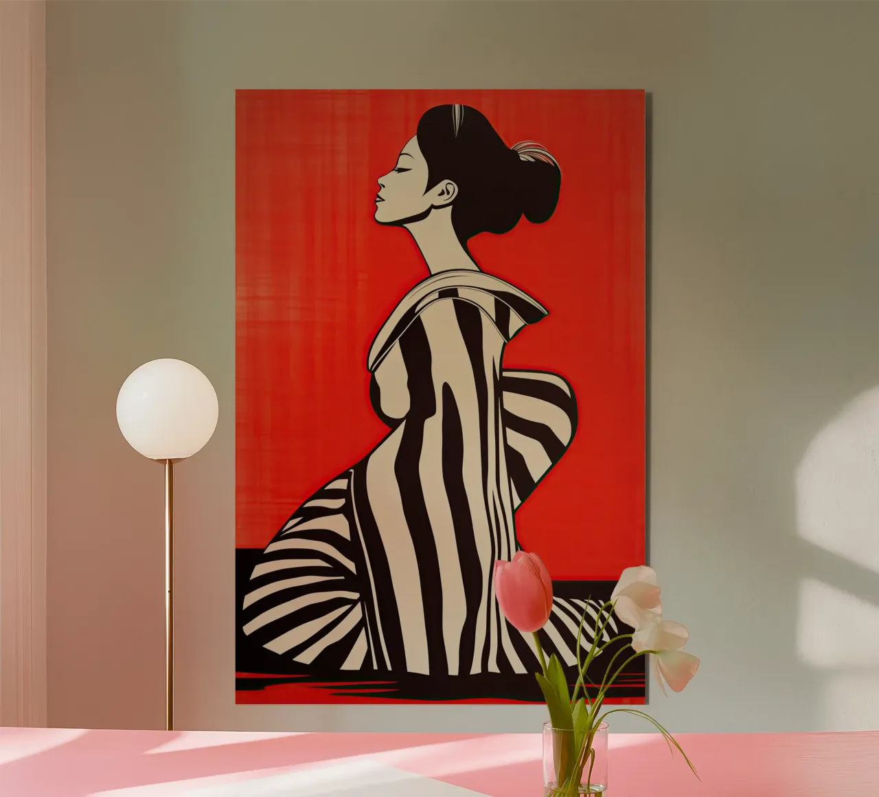 Red and black Japandi geisha in a striped kimono alu-dibond by Autofocus