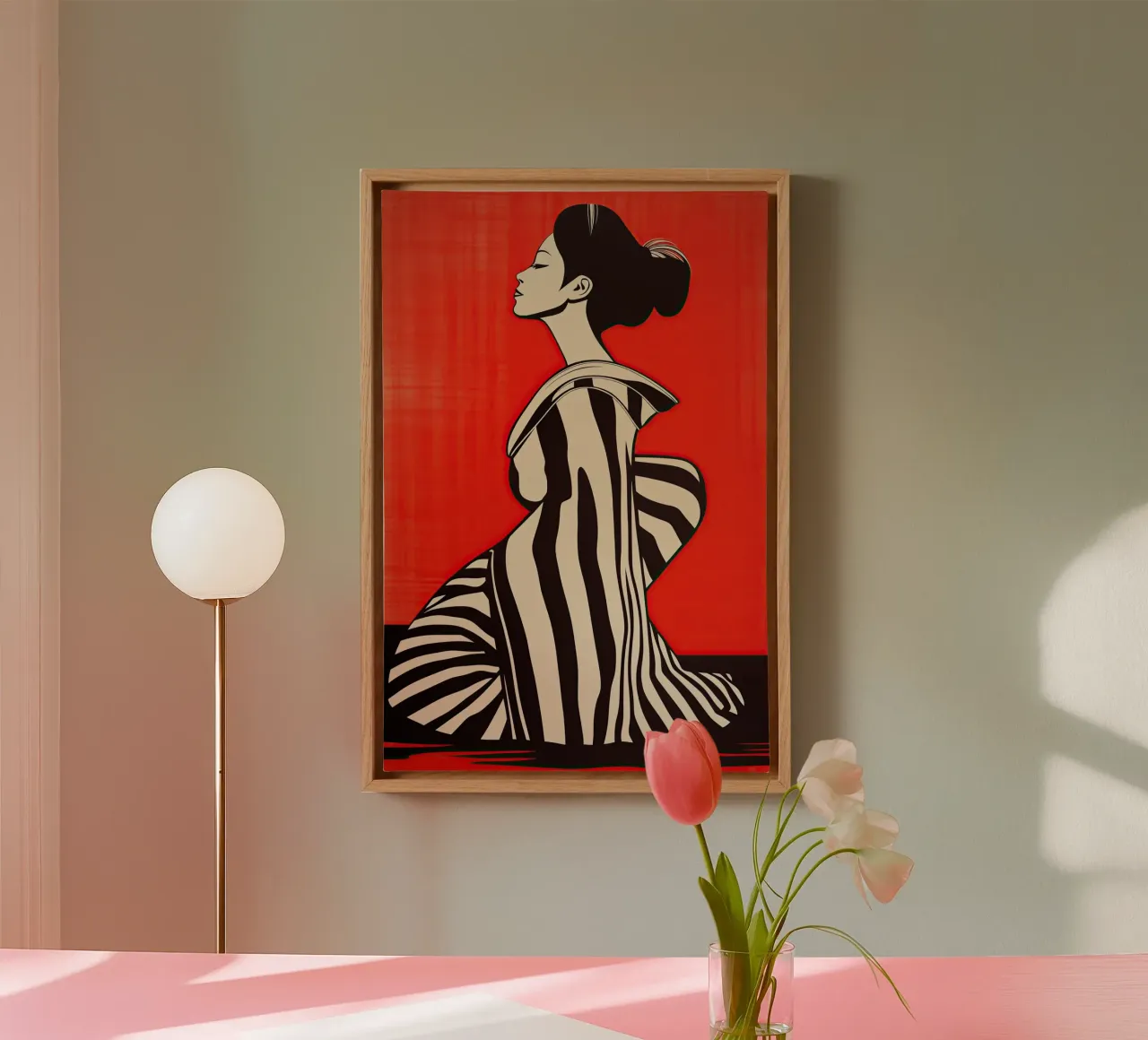 Geisha giapponese rossa e nera con kimono a righe tela con Cornice a cassetta da Autofocus