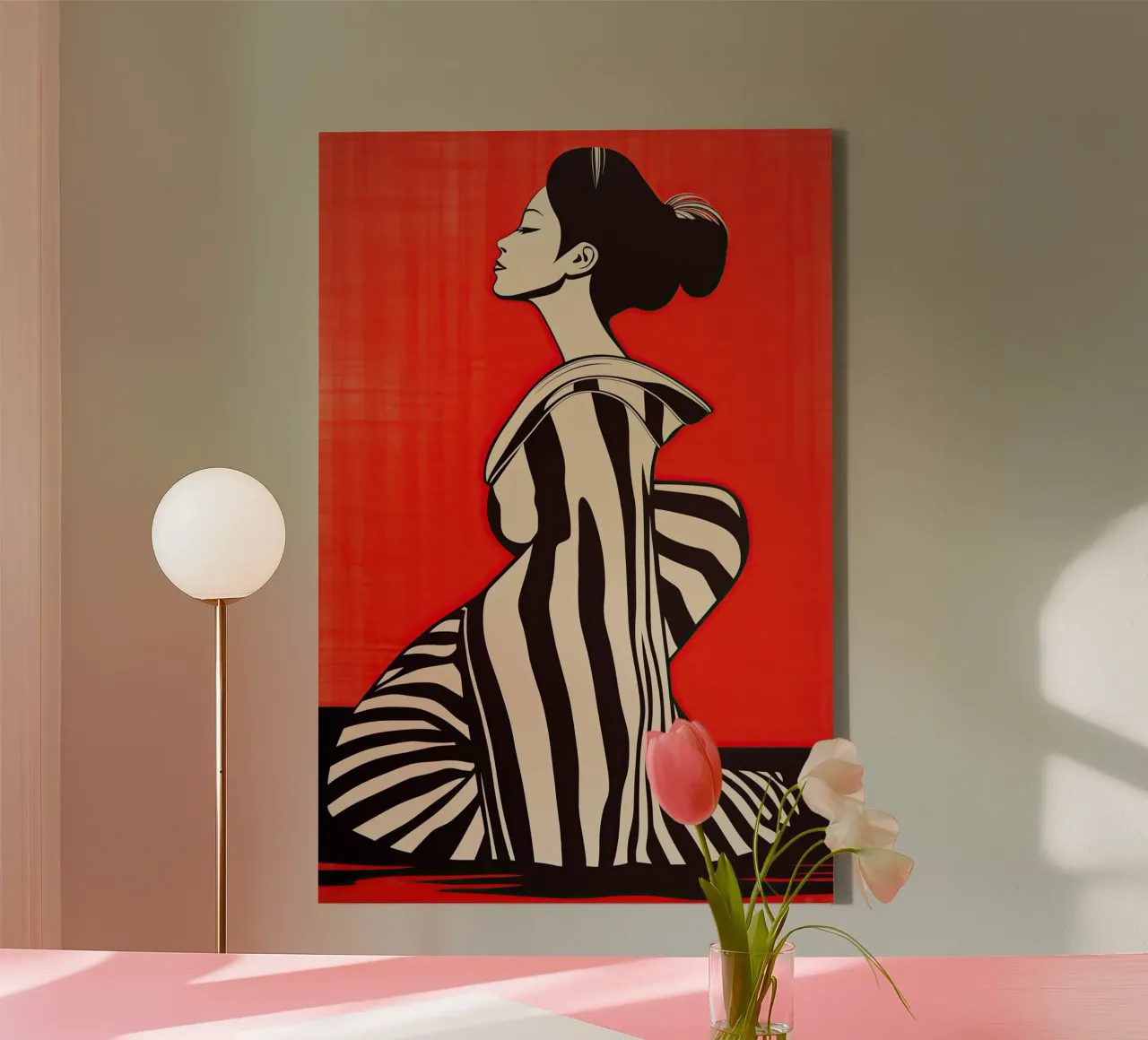 Geisha giapponese rossa e nera con kimono a righe tela con Cornice a cassetta da Autofocus
