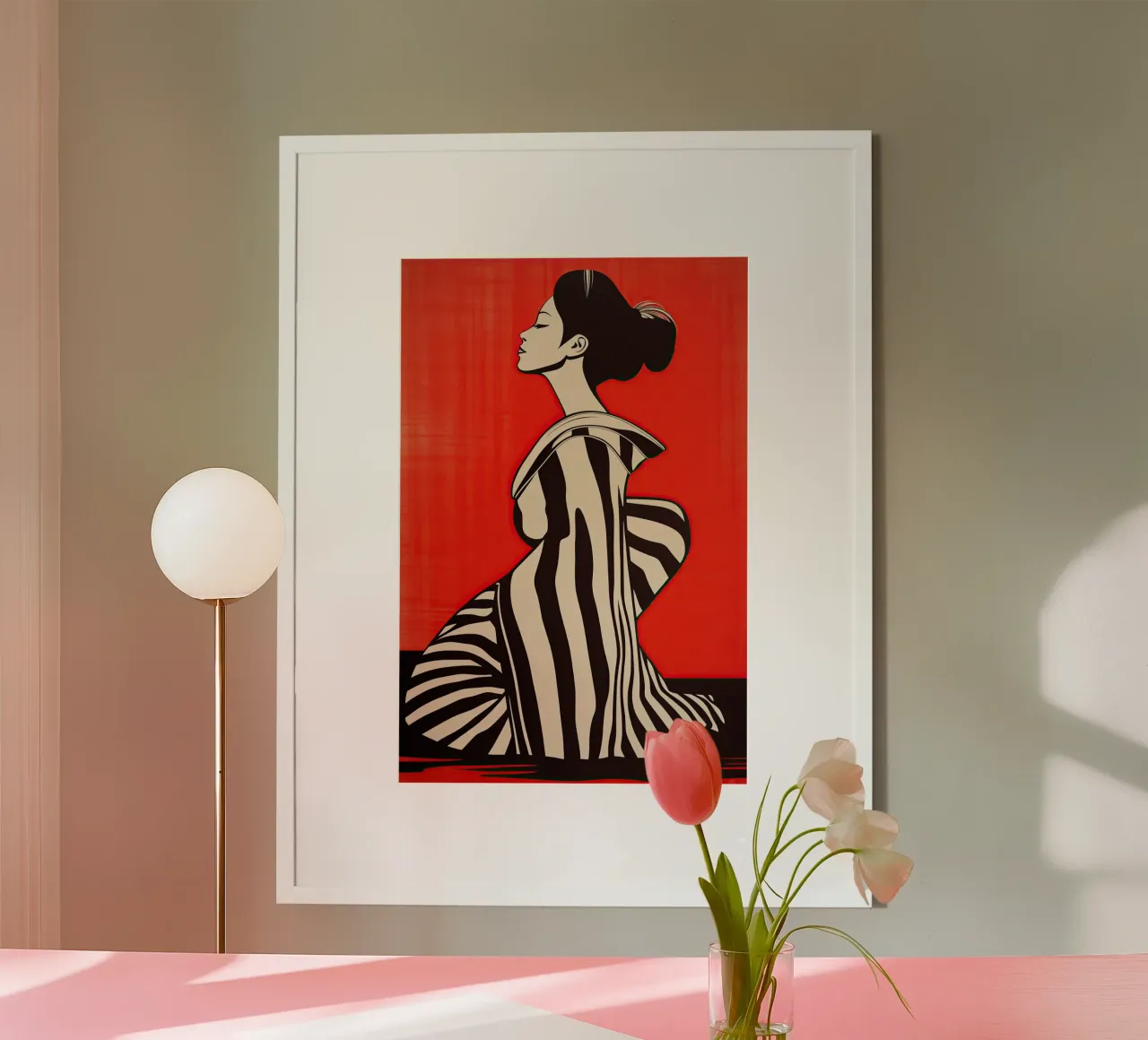 Geisha giapponese rossa e nera con kimono a righe carta hahnemühle da Autofocus