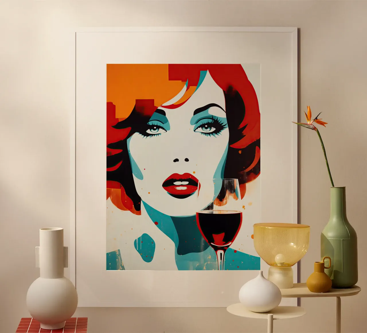 Il tema è il rosso: labbra, capelli e vino | Ritratto di donna poster con telaio in plastica da Autofocus