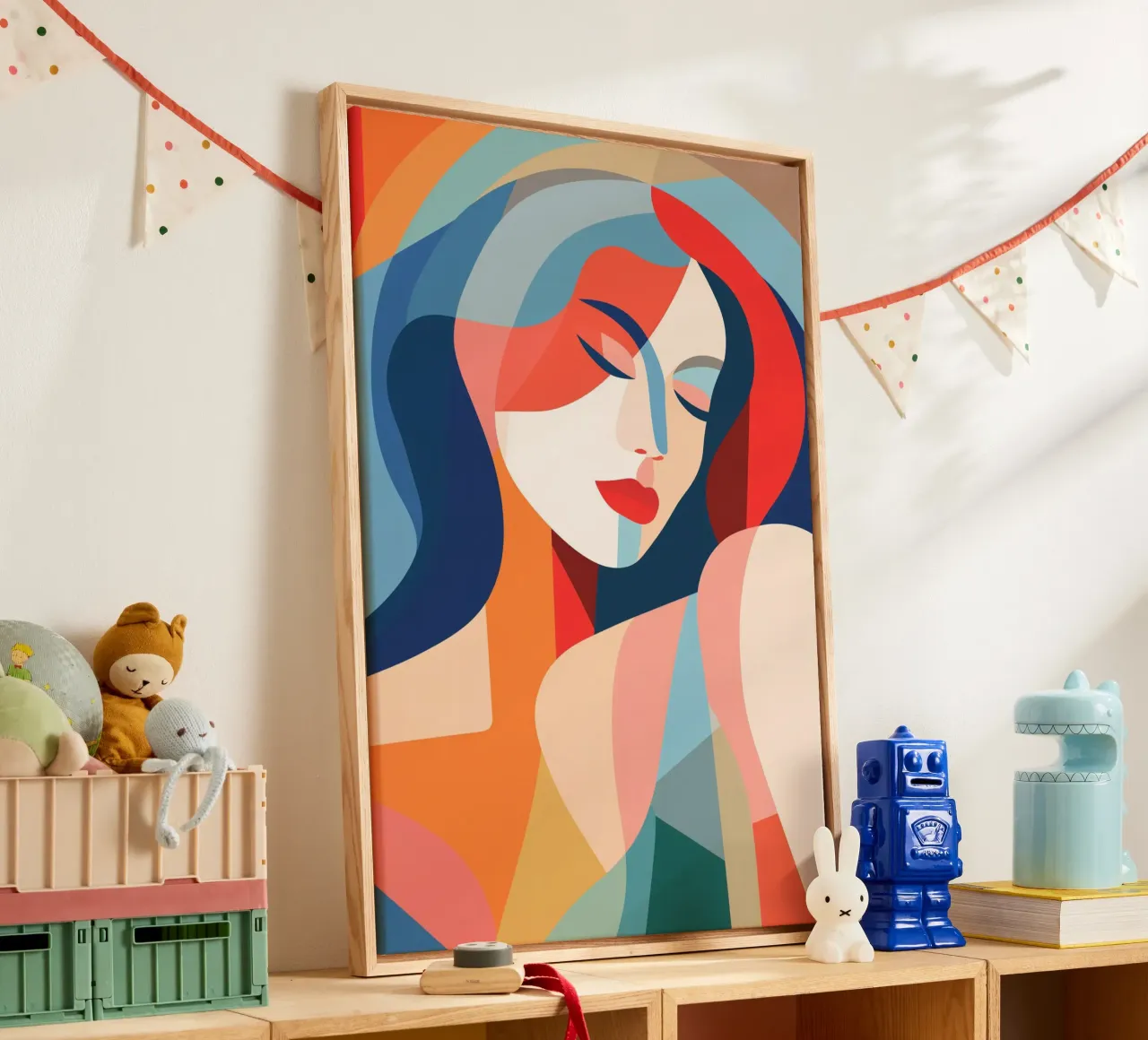 Dromende Vrouw | Abstract-Geometrisch Schilderij canvas met Baklijst van Autofocus