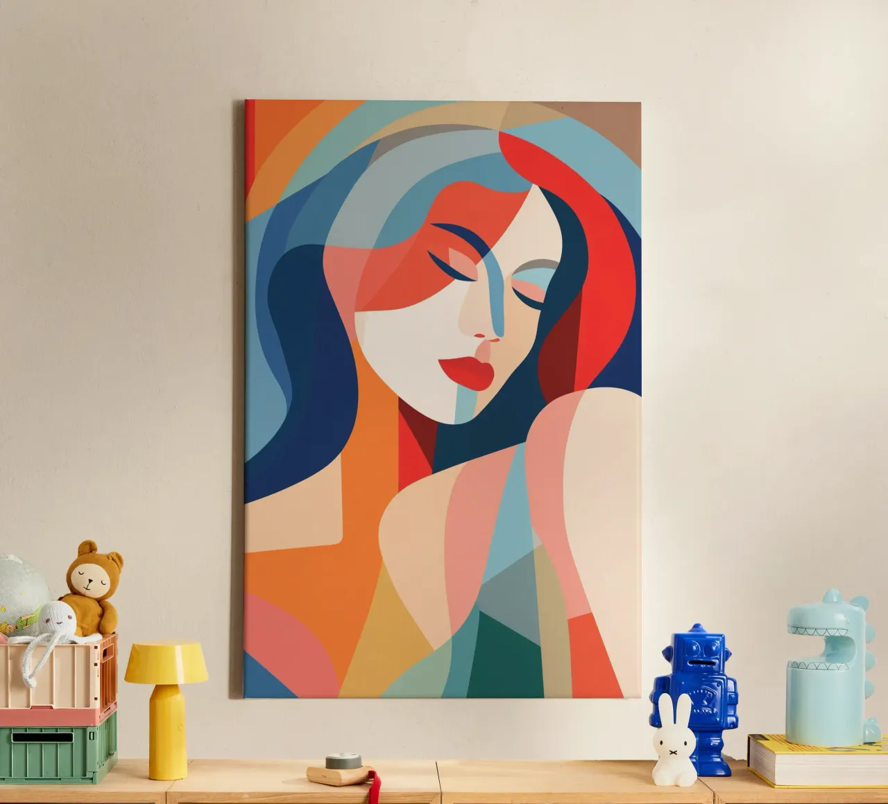 Dromende Vrouw | Abstract-Geometrisch Schilderij canvas met Baklijst van Autofocus