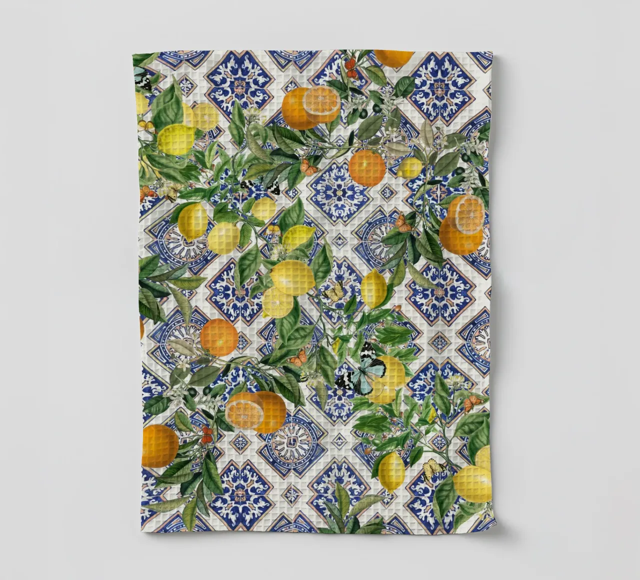 Limoni, agrumi e piastrelle blu canovaccio da cucina da Bloomery Decor
