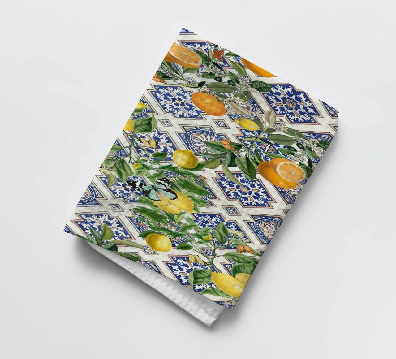 Limoni, agrumi e piastrelle blu canovaccio da cucina da Bloomery Decor