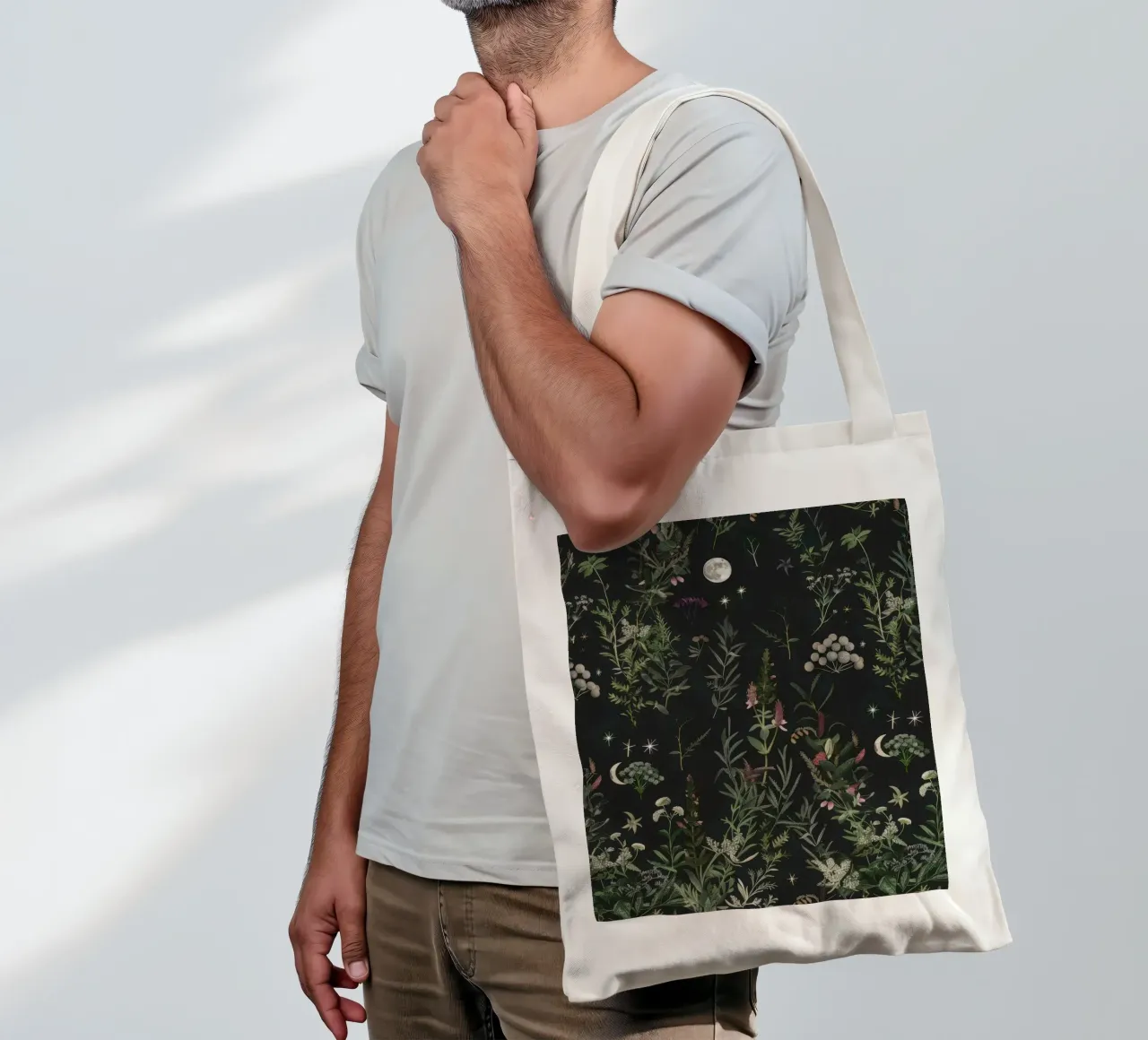 Luna Piena Stelle Botaniche Foresta Boho Retro Floreale borsa in juta da Gentle Echoes Art