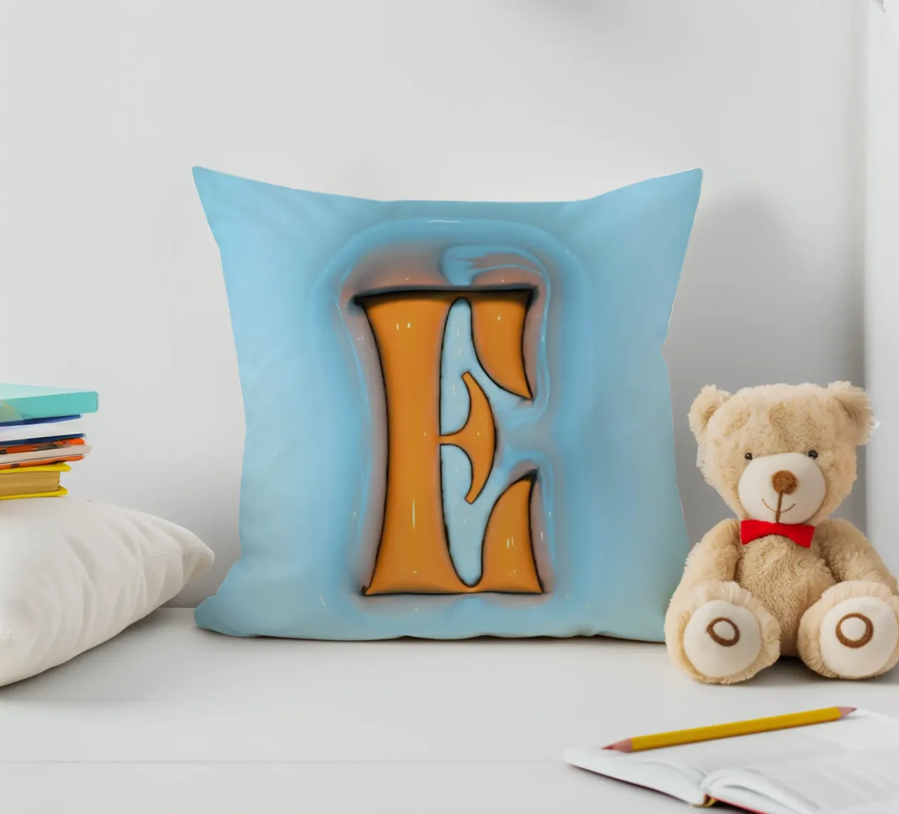 Bubblegum Inflate Initials E Blue decorative cushion by Malou-Studio