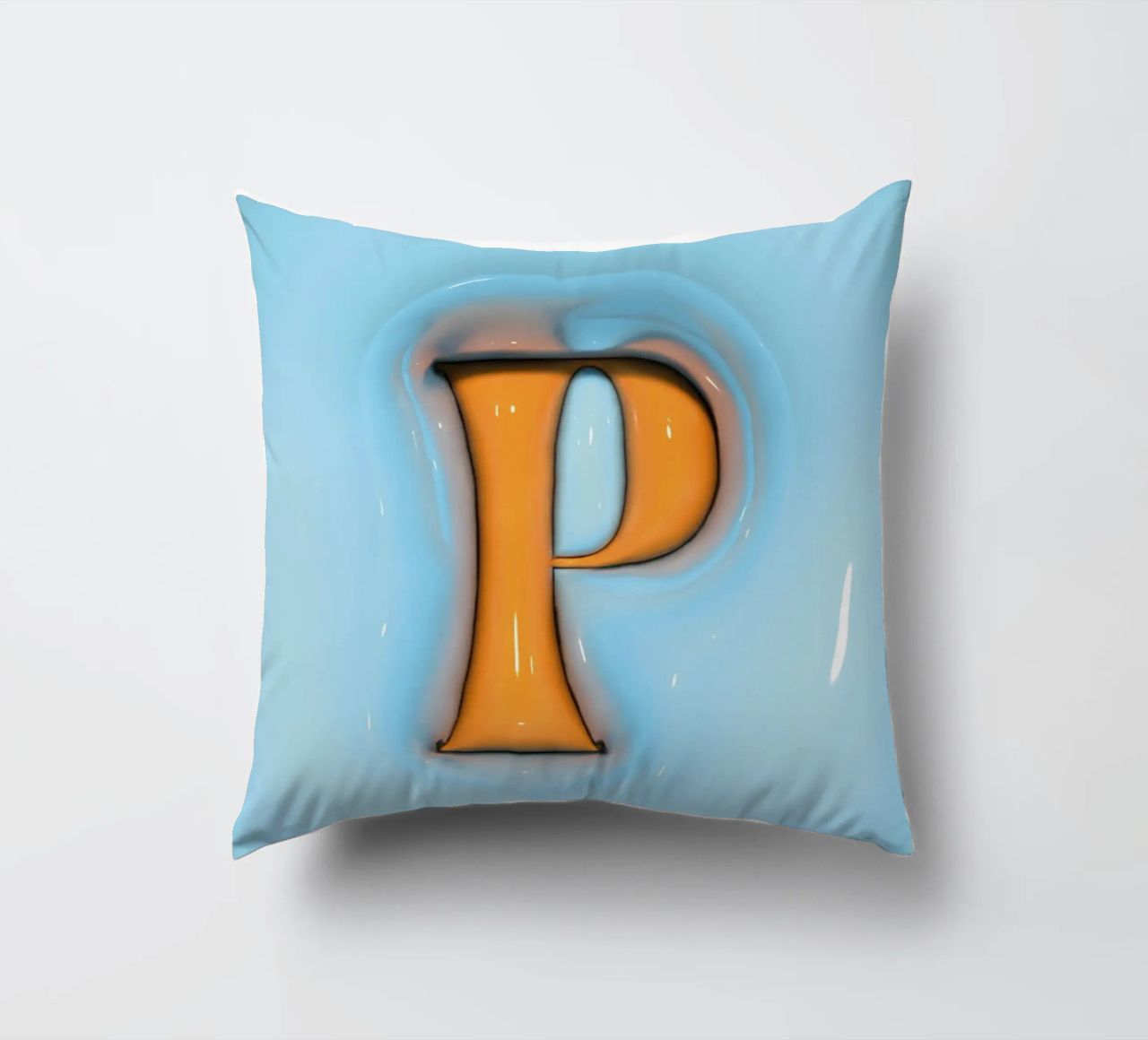 Bubblegum Inflate Initials P Blue decorative cushion by Malou-Studio