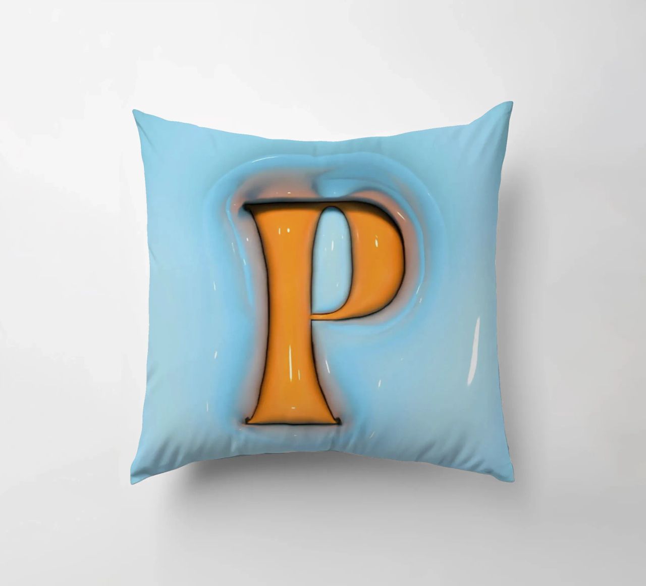 Bubblegum Inflate Initials P Blue decorative cushion by Malou-Studio