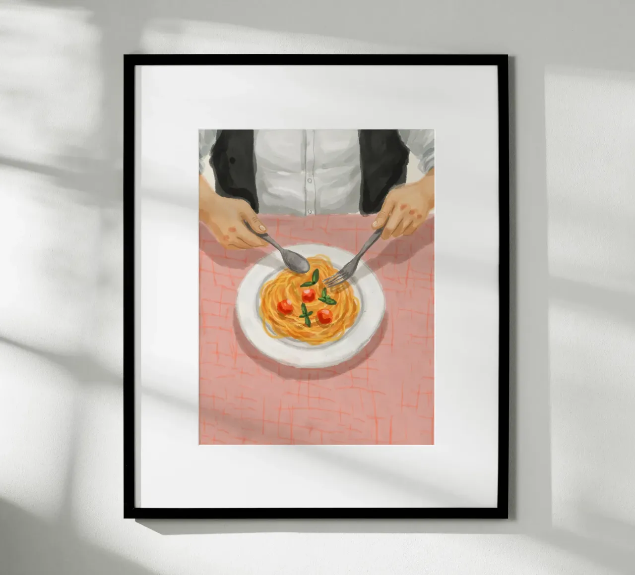Eating Pasta poster with wooden frame by Indigo Rain