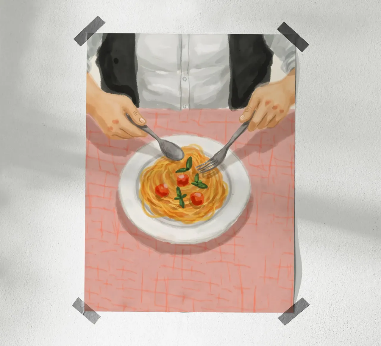 Eating Pasta poster with wooden frame by Indigo Rain