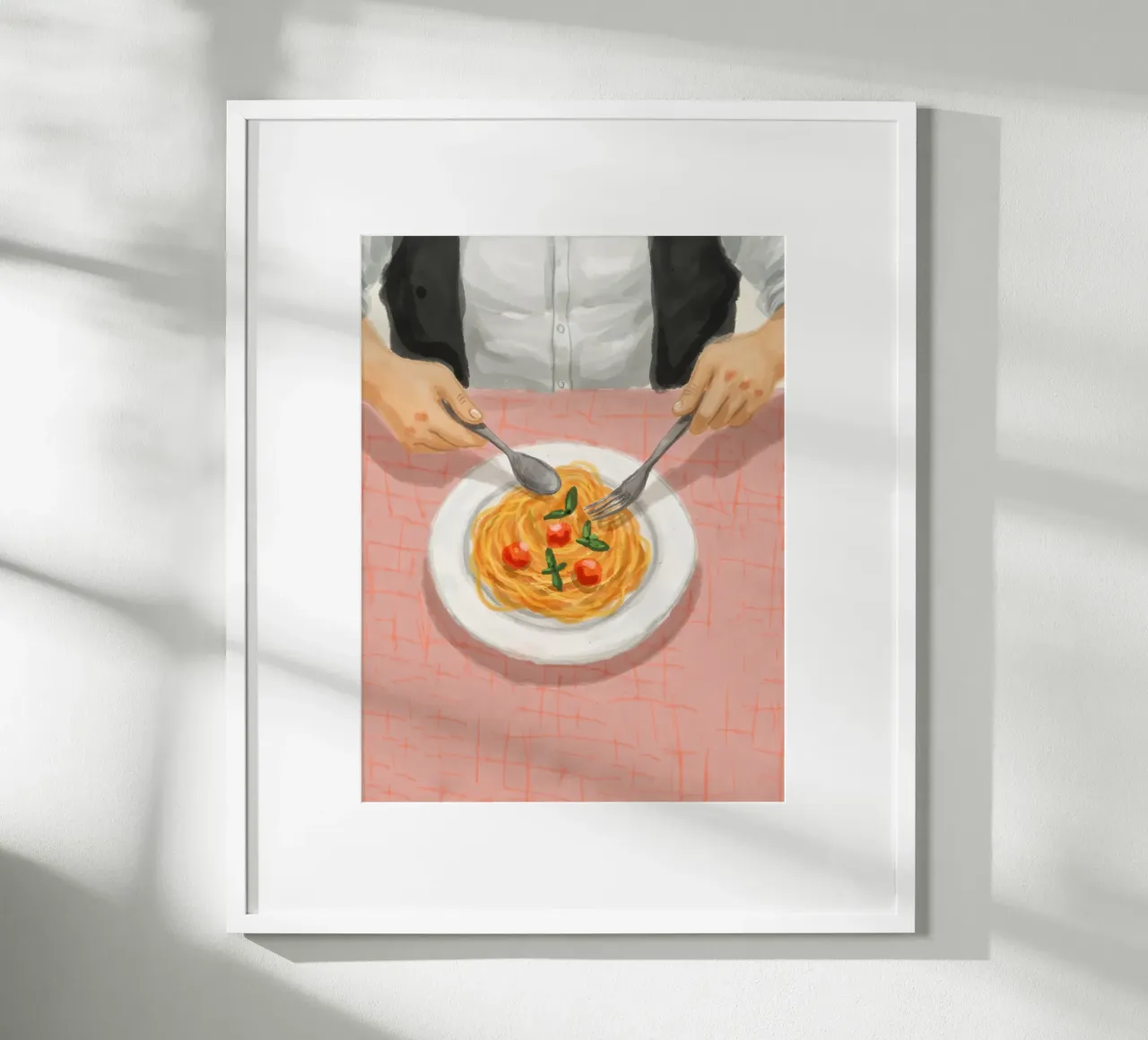 Eating Pasta poster with wooden frame by Indigo Rain