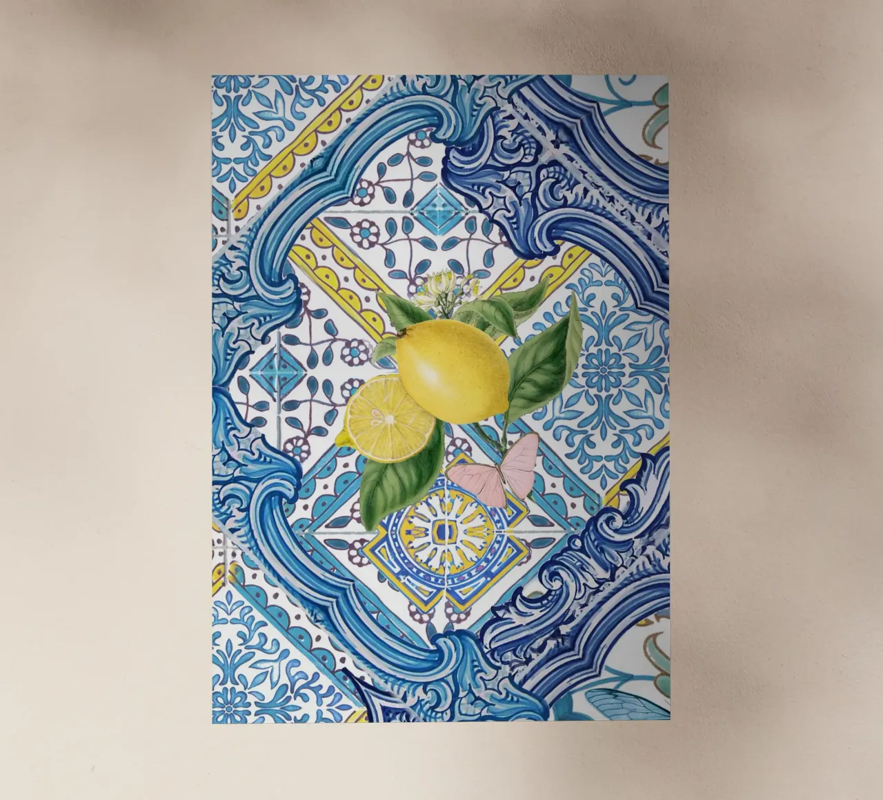 Limone, agrumi e farfalle su piastrelle blu mediterranee pellicola backlit da Bloomery Decor