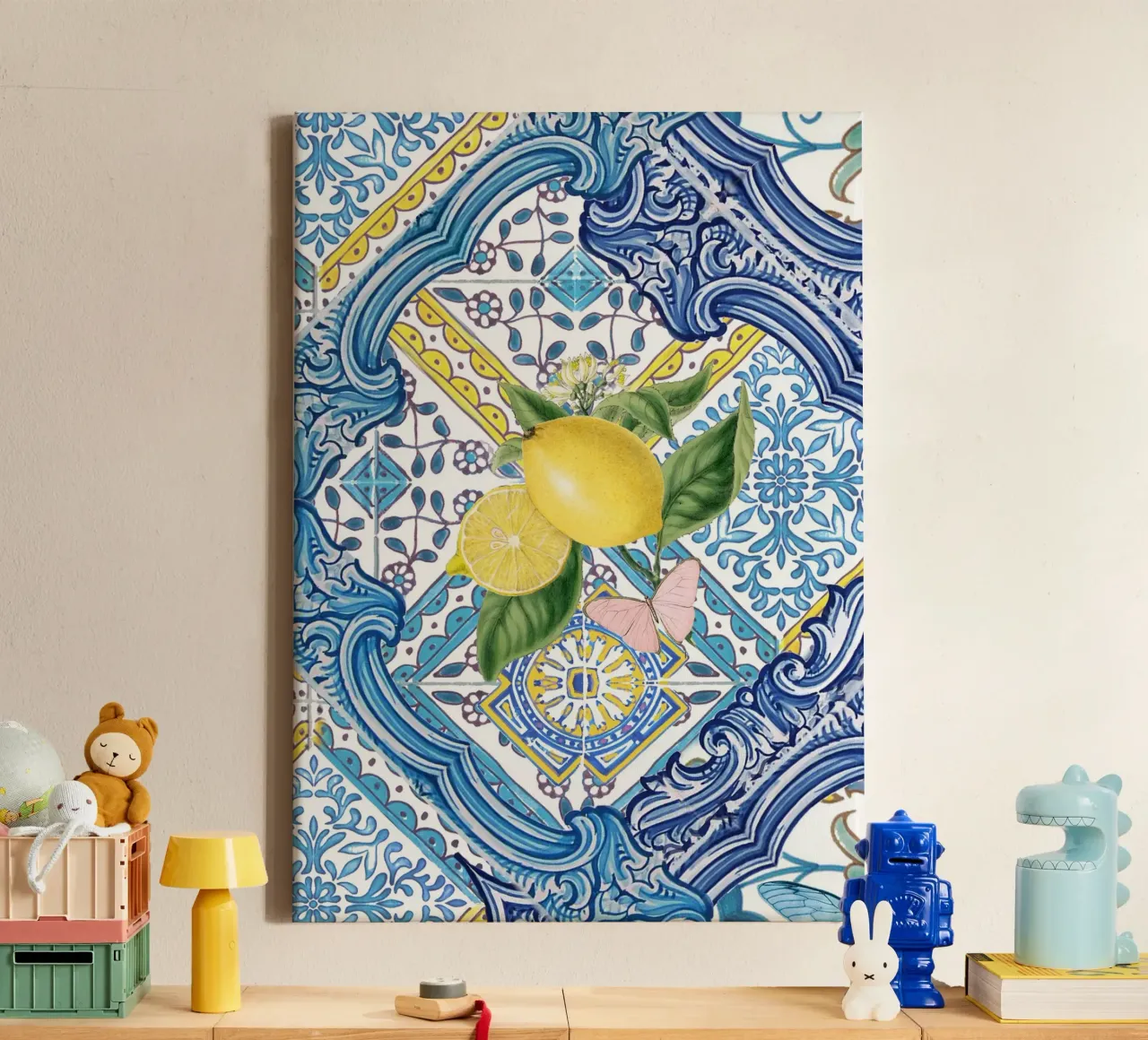 Limone, agrumi e farfalle su piastrelle blu mediterranee tela con Cornice a cassetta da Bloomery Decor