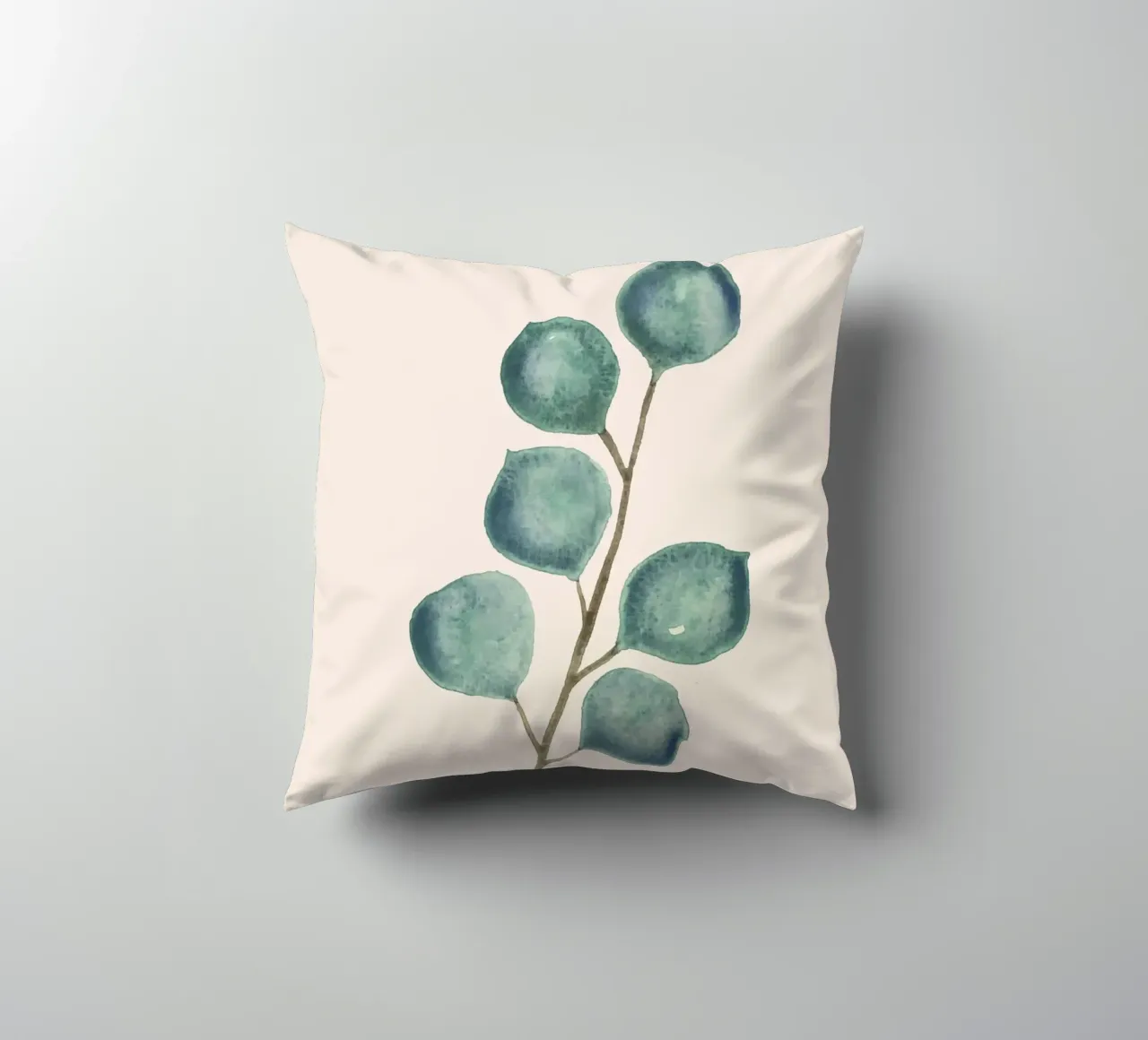 Hand-painted watercolour eucaplytus branch decorative cushion by Bloomery Decor