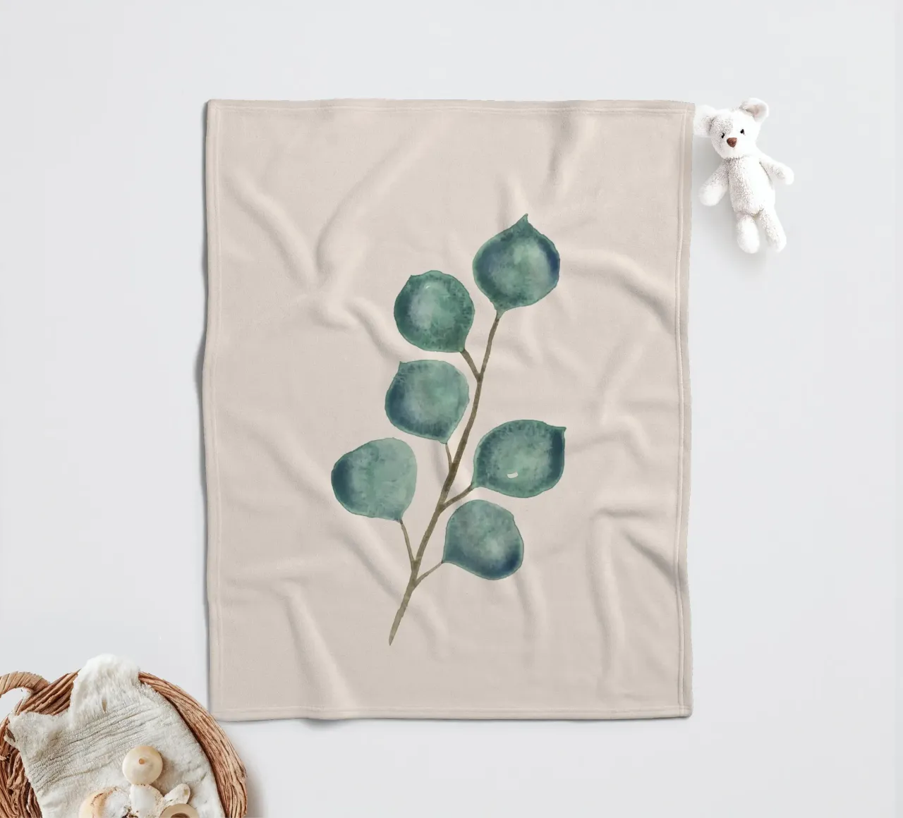 Handgemalter Eukaplytus-Zweig in Aquarelltechnik Fleecedecke von Bloomery Decor