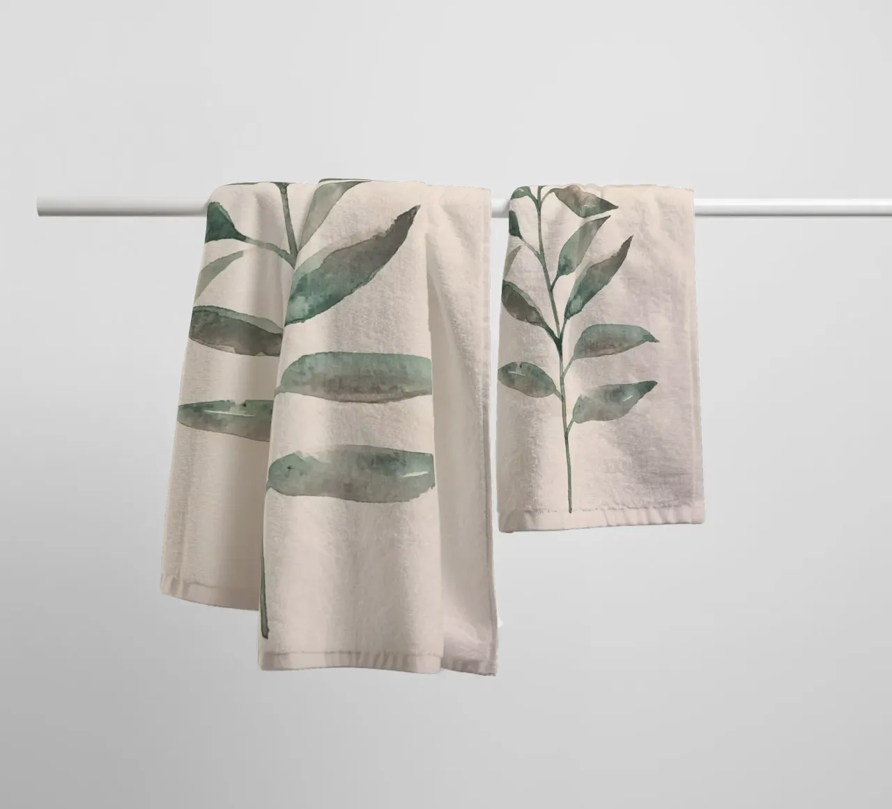 Hand-painted watercolour leaves in sage and soft pink towel by Bloomery Decor