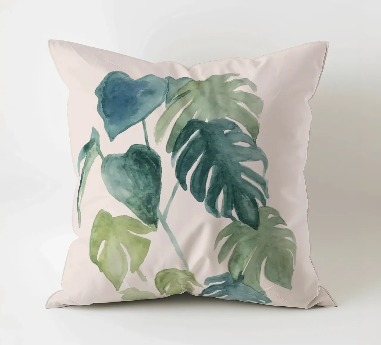 Foglie di palma e monstera della giungla dipinte a mano ad acquerello cuscino da Bloomery Decor
