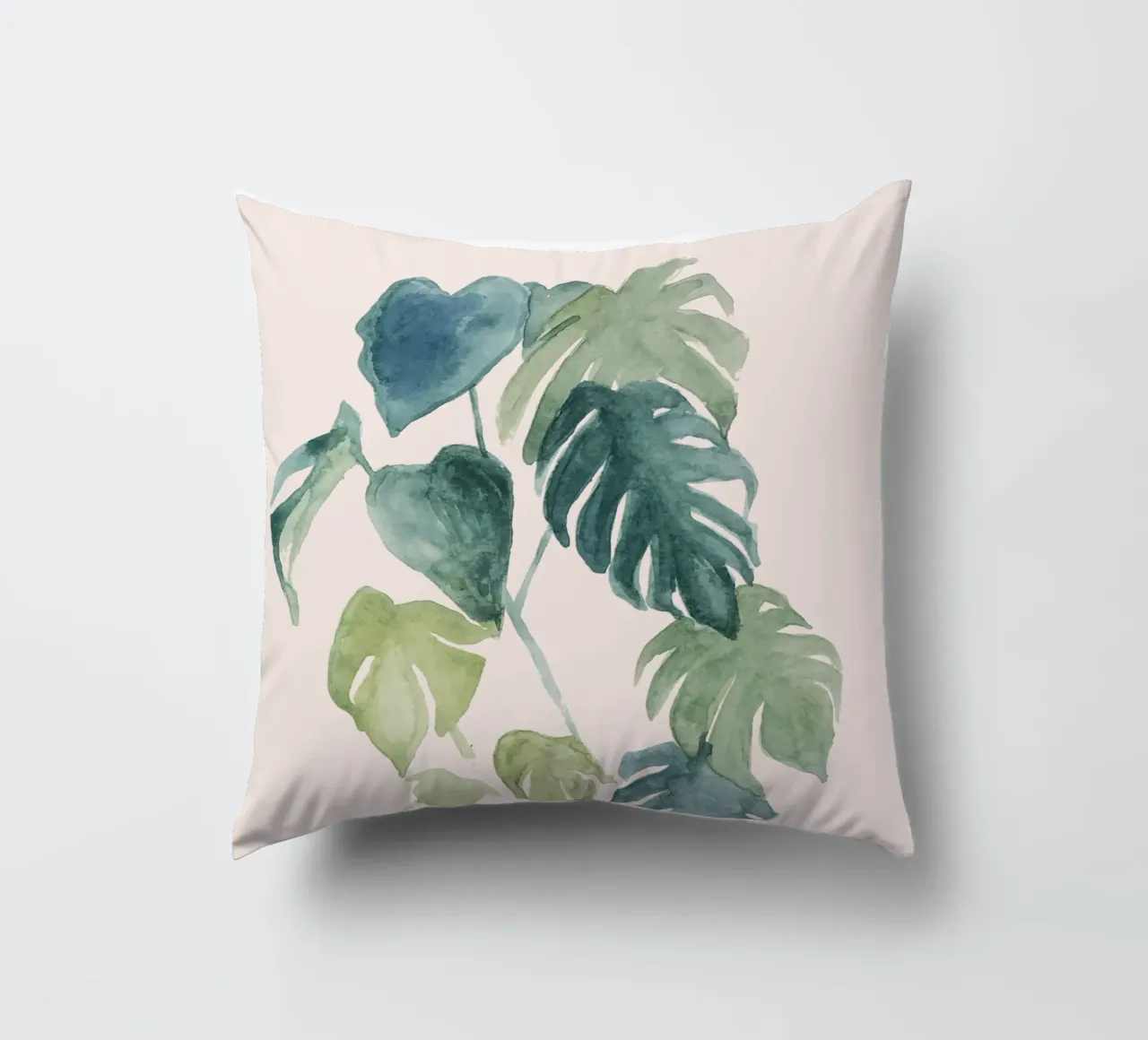 Foglie di palma e monstera della giungla dipinte a mano ad acquerello cuscino da Bloomery Decor