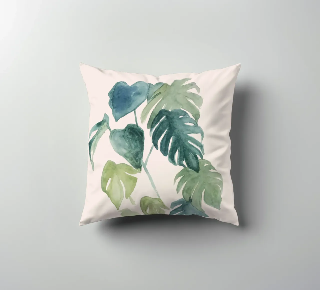 Foglie di palma e monstera della giungla dipinte a mano ad acquerello cuscino da Bloomery Decor