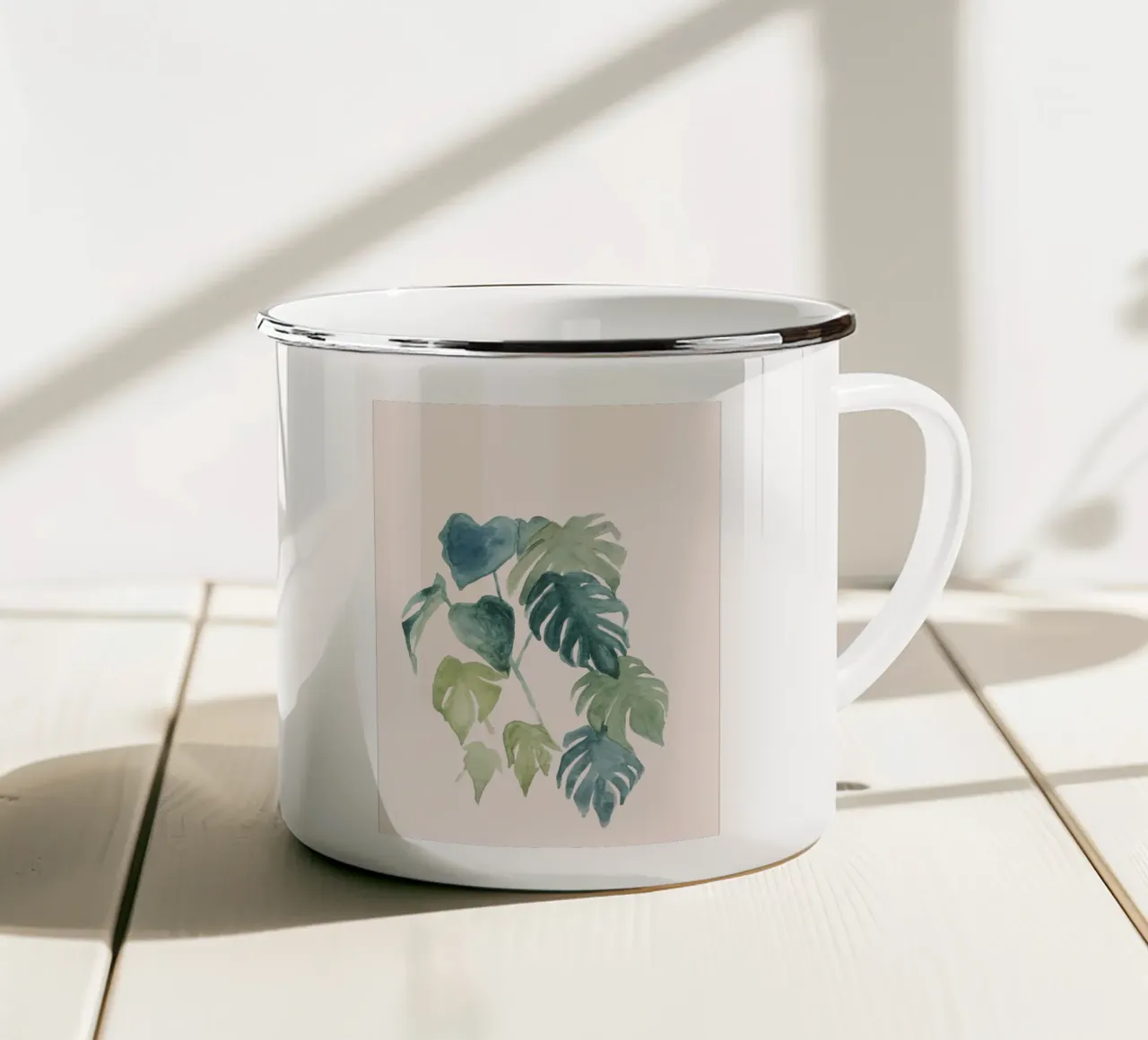 Hand-painted watercolour palm and monstera jungle leaves enamel mug by Bloomery Decor