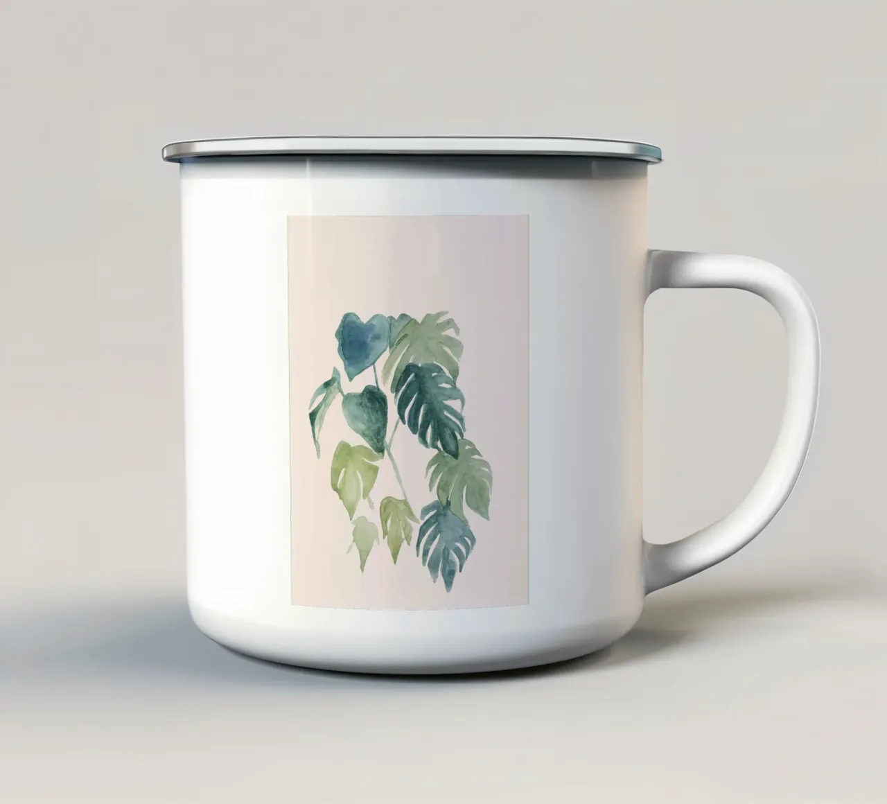 Hand-painted watercolour palm and monstera jungle leaves enamel mug by Bloomery Decor