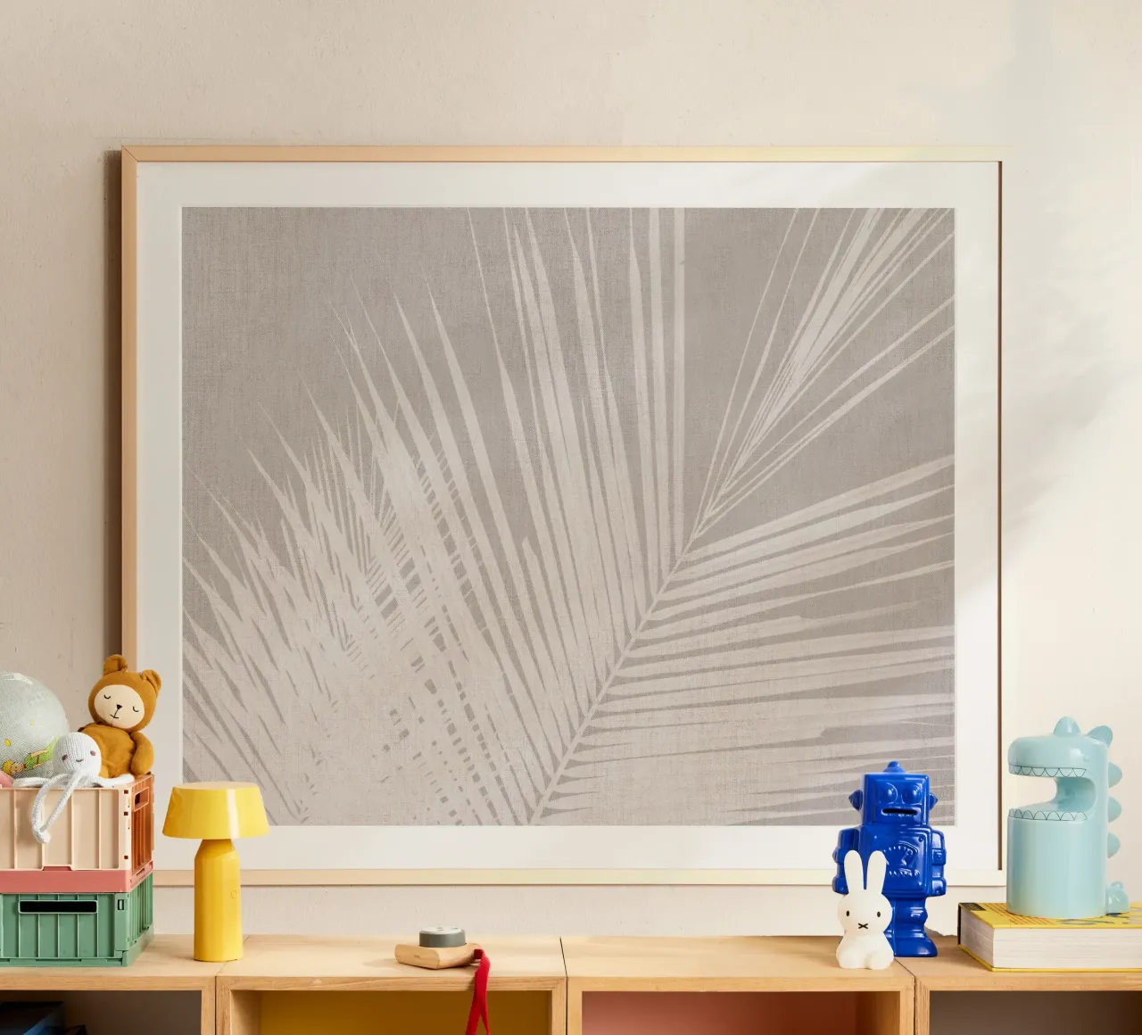 Neutral palm leaf on beige linen texture hahnemühle by Bloomery Decor