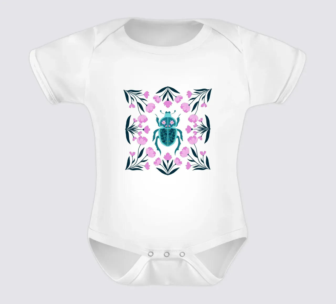 Beetle and turquoise - pink and turquoise short-sleeve baby romper by Wackapacka