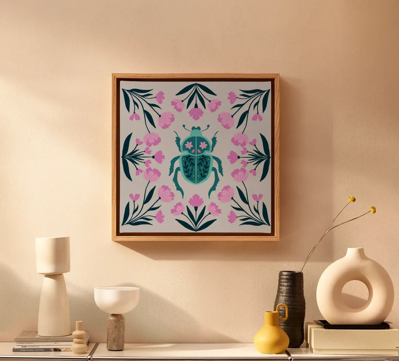 Beetle and turquoise - pink and turquoise canvas with Floater frame by Wackapacka