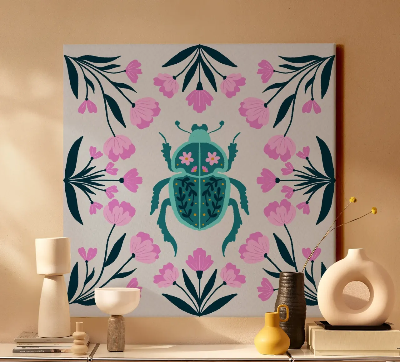 Beetle and turquoise - pink and turquoise canvas with Floater frame by Wackapacka