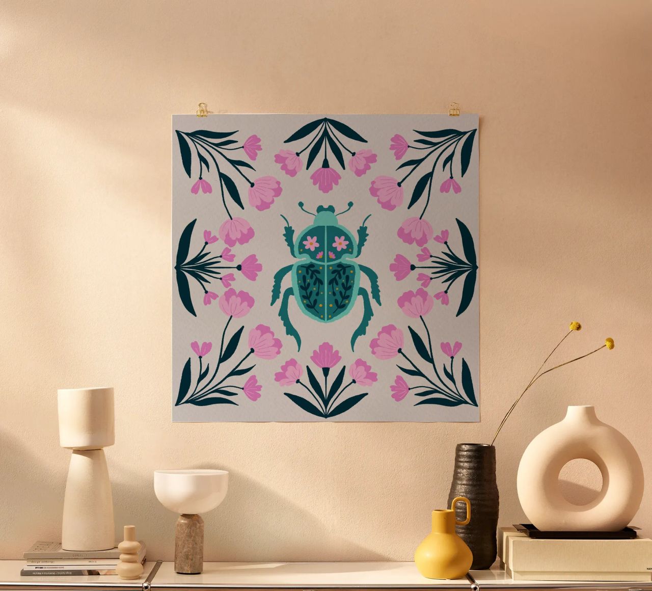 Beetle and turquoise - pink and turquoise poster by Wackapacka