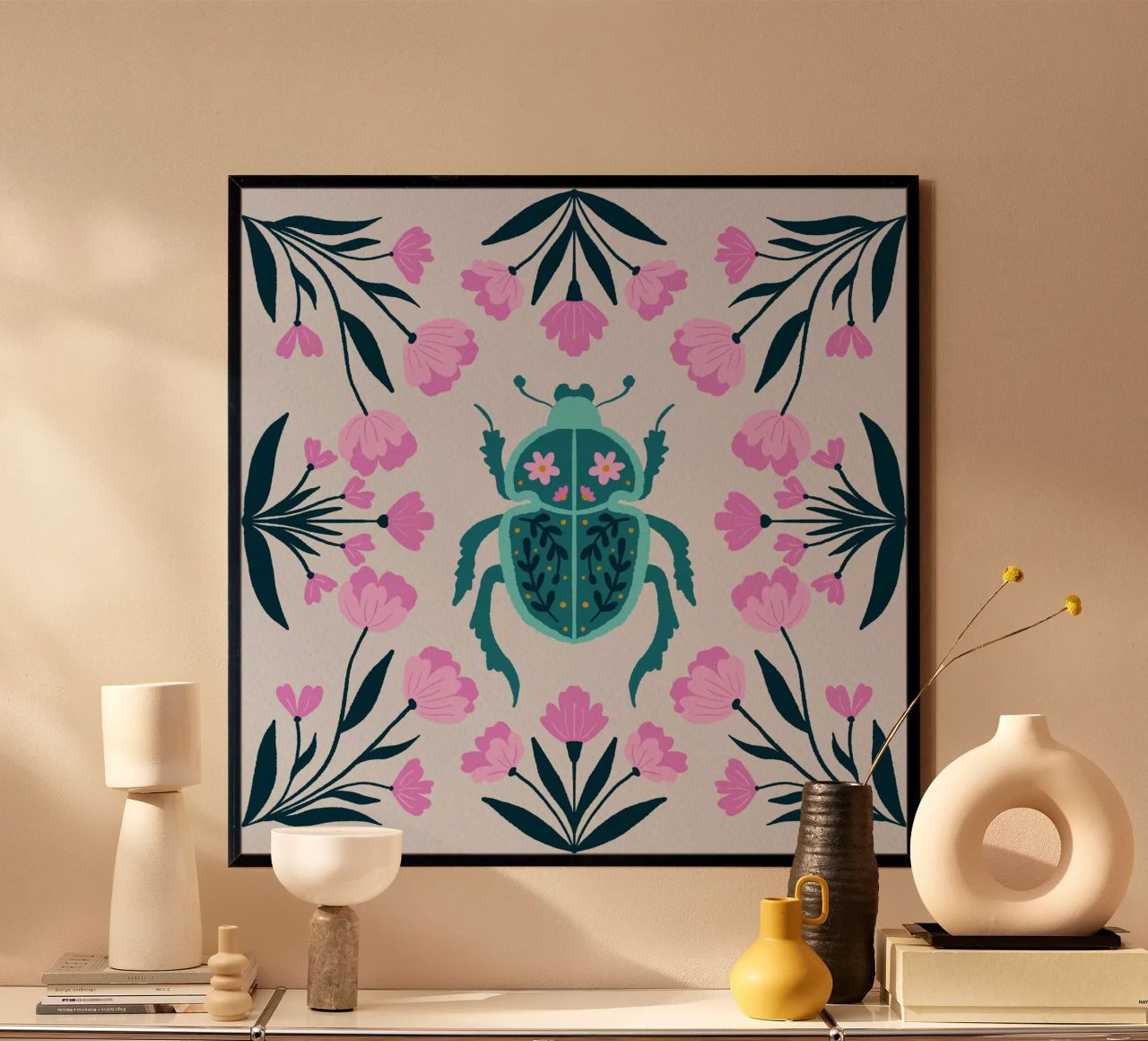 Beetle and turquoise - pink and turquoise poster by Wackapacka