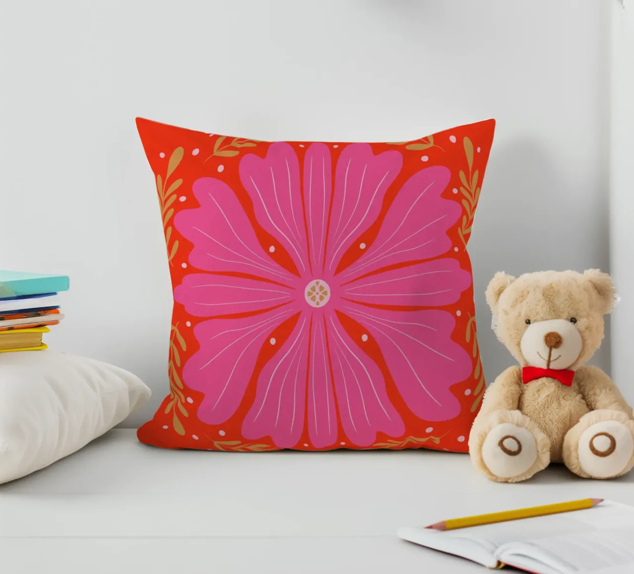 Audace fiore astratto - rosa e rosso cuscino da Wackapacka