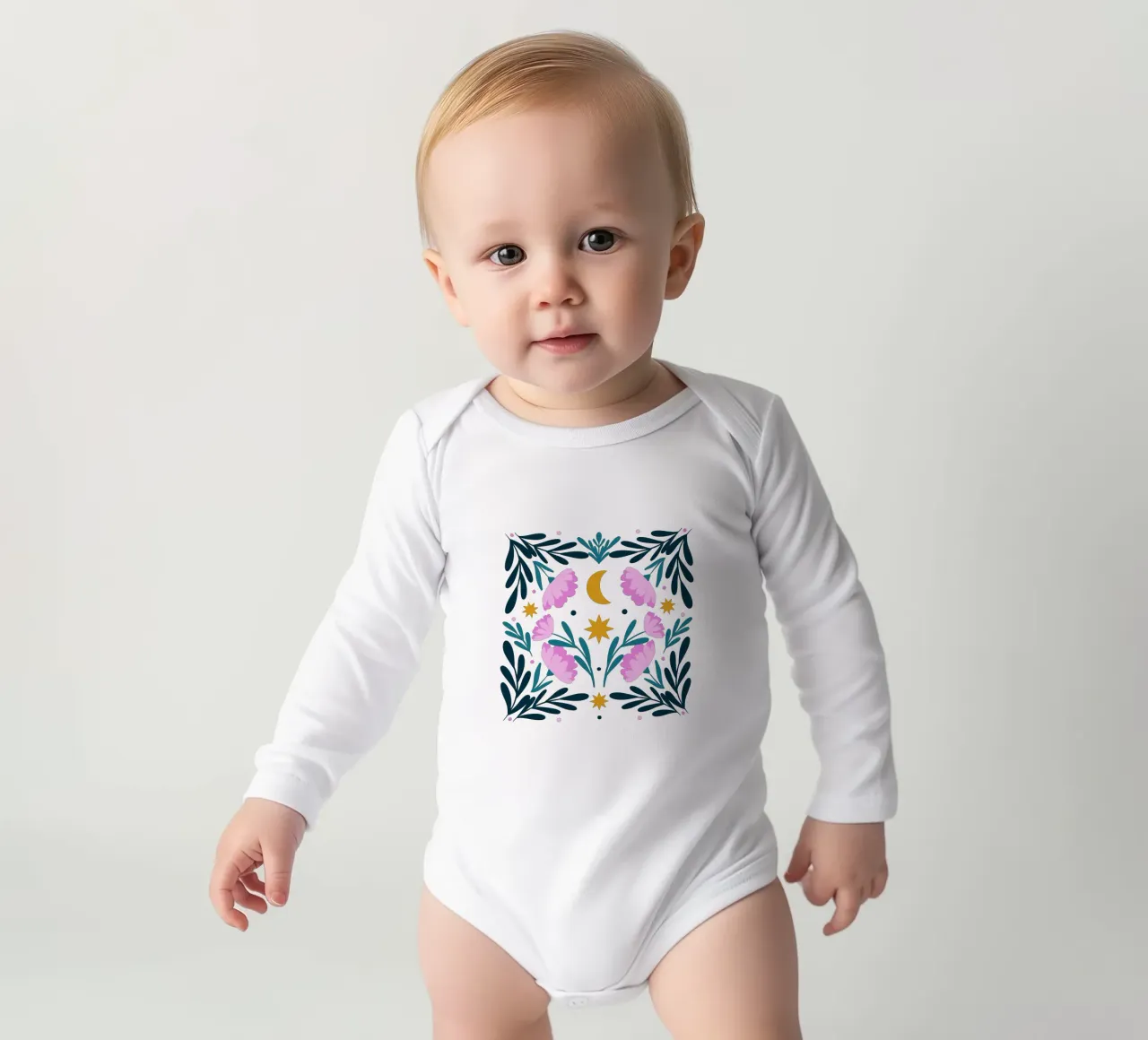 Stars, moon and flowers - pink and turquoise long-sleeve baby romper by Wackapacka