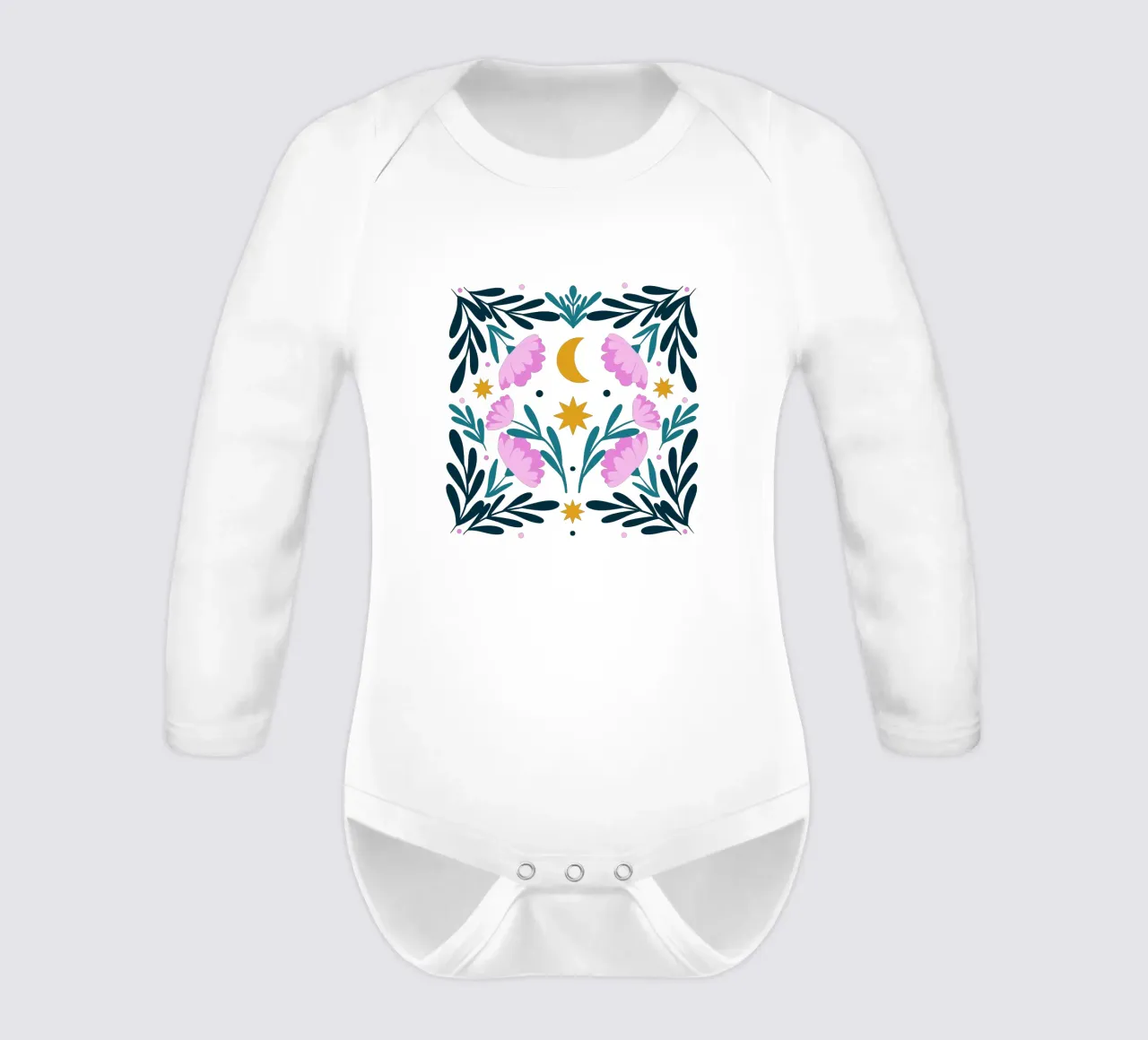 Stars, moon and flowers - pink and turquoise long-sleeve baby romper by Wackapacka