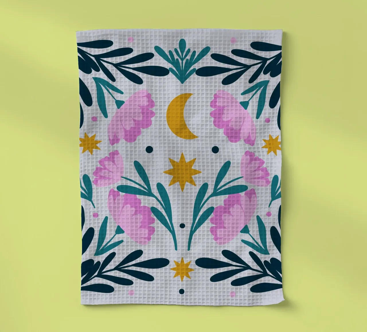 Stelle, luna e fiori - rosa e turchese canovaccio da cucina da Wackapacka