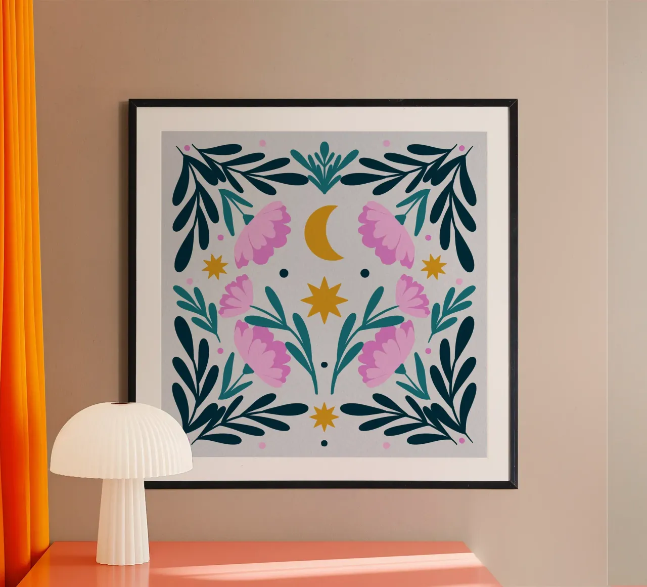Stelle, luna e fiori - rosa e turchese poster con telaio in alluminio da Wackapacka