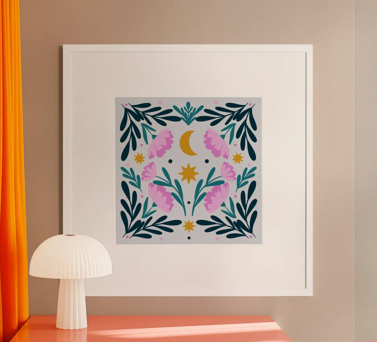 Stelle, luna e fiori - rosa e turchese poster con telaio in alluminio da Wackapacka