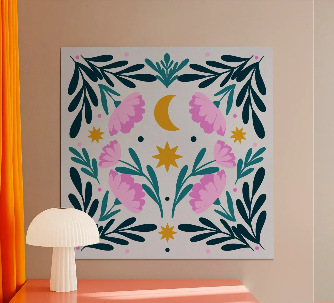 Stelle, luna e fiori - rosa e turchese poster con telaio in alluminio da Wackapacka