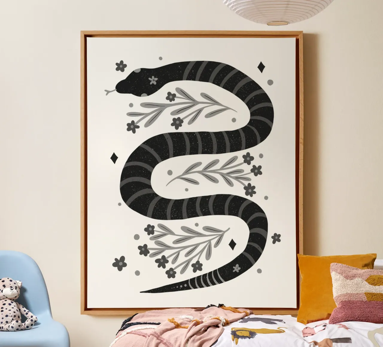 Modern snake - black and white canvas with Floater frame by Wackapacka